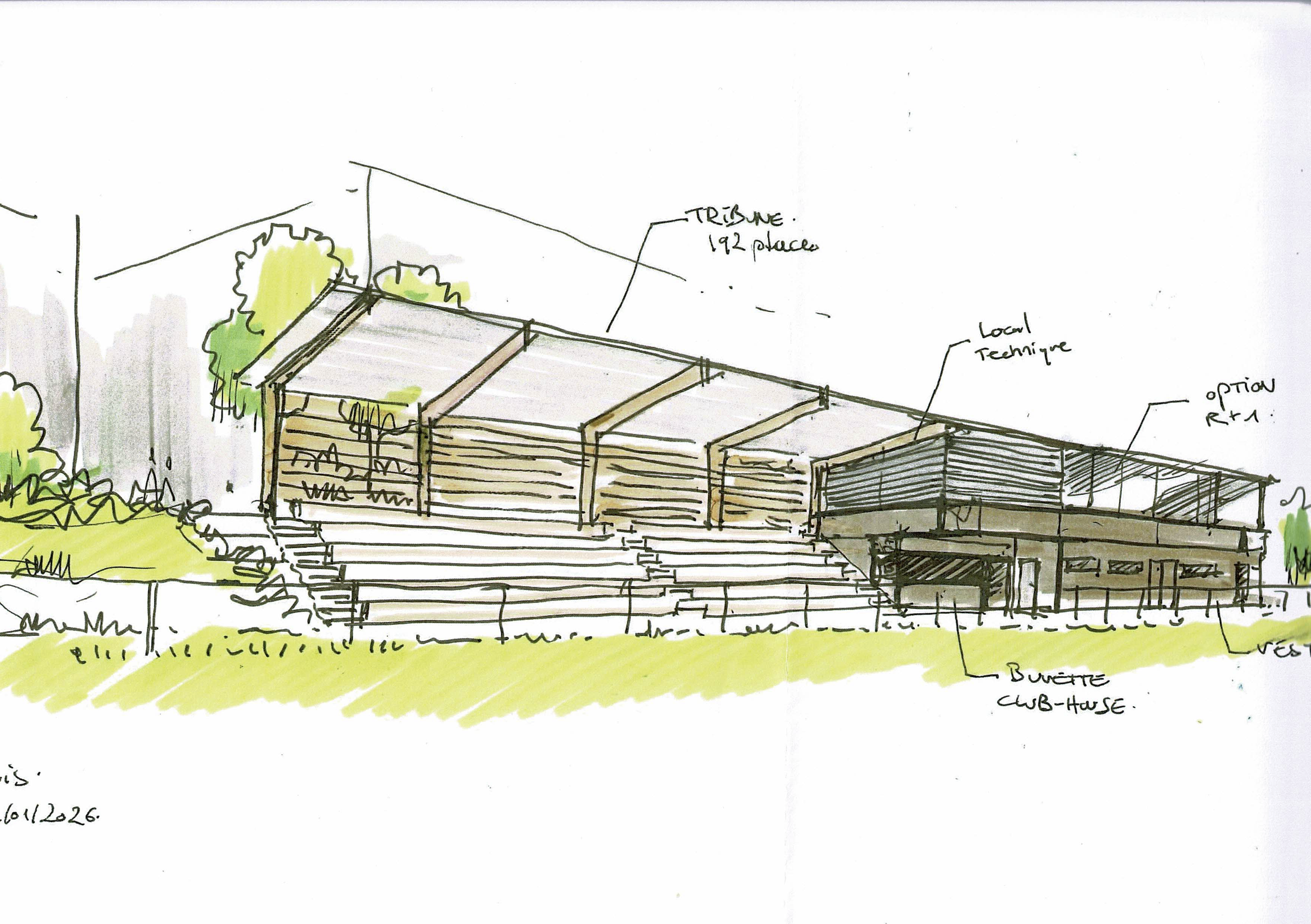 Esquisse : projet d'aménagements pour l'USG (tribunes / club house)